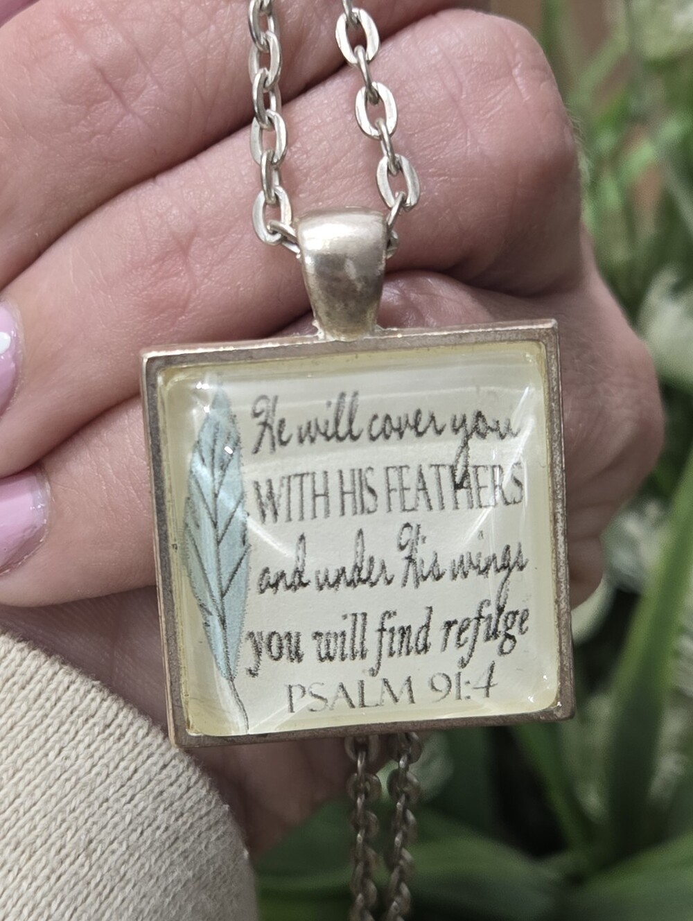 Inspirational Psalm 91:4 Square Pendant Necklace - Blue Feather